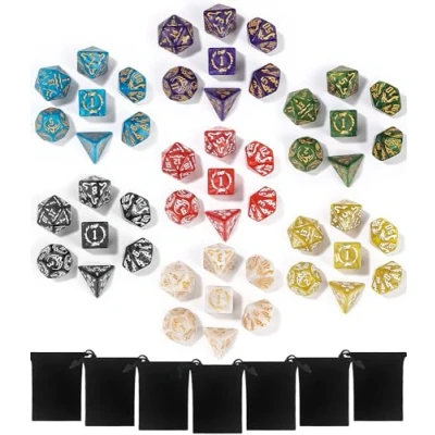 Abbildung von TIDEVAN Polyedrische Würfel Set,7 x 7(49 Stück) Würfel,Würfel Set mit 7 Schwarze Kordelzugbeutel Polyedrischer Spielwürfel für DND MPG MTG Dungeons und Dragons D20 D12 D10 D8 D6 D4