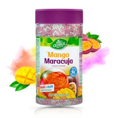 Abbildung von KING GEORGE Mango Maracuja 12 x 400g Instant Eistee Mixgetränk Passion Fruit Instantteegetränk Genuss Vorteilspackung Getränkpulver, Erfrischungsgetränk für Feier, Karneval, Geburtstag