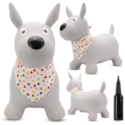 Abbildung von sun baby Hüpftiere ab 1 Jahr mit Pumpe aufblasbares Hüpfspielzeug aus Hochwertigem und Strapazierfähigem Gummi, Verschiedene Designs (Grauer Hund Bandana)