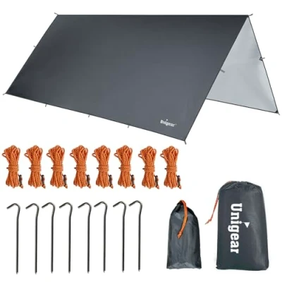 Abbildung von Unigear Tarp 4x4 wasserdicht, Zeltplane für Hängematte mit Ösen + 8 Erdnägel Seilen, Regenschutz Sonnenschutz Ourdoor Camping MEHRWEG
