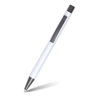 Abbildung von Online Kugelschreiber Soft Metal, Druckkugelschreiber aus Aluminium, auswechselbare Großraum Mine, schwarzschreibend, dokumentenecht, Pure White mit Softtouch Feeling, Metallclip Dunkelgrau