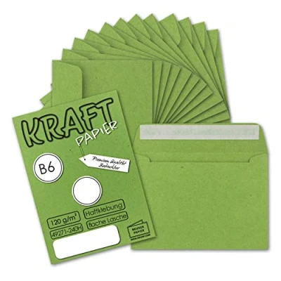 Abbildung von 50x Vintage Umschläge in hellgrün (grün) DIN B6 125 x 176 mm 120 g/m² Kraftpapier Recycling Haftklebung GUSTAV NEUSER