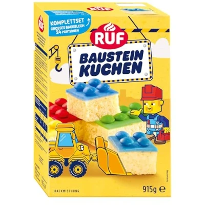Abbildung von RUF Baustein Kuchen Komplettset Backmischung für einen großen Blechkuchen mit bunter Glasur und Schokolinsen, lustiger Backspaß Kindern, ideal Geburstage Motto Parties
