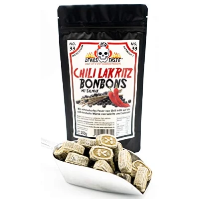 Abbildung von Chili Lakritz Bonbon mit Salmiaküberzug mittel scharf Hotskala: 3 RED DEVILS TASTE