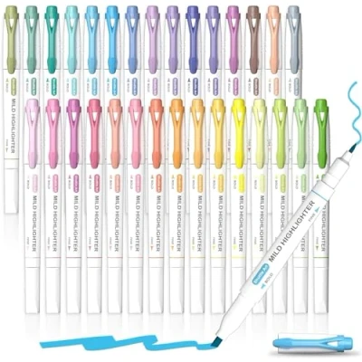 Abbildung von Textmarker, Shuttle Art 30 bunte Pastell Textmarker mit weichen Farben und zwei Arten von Spitzen, dick dünn, Macron für Teenager, Kinder Erwachsene zum Färben