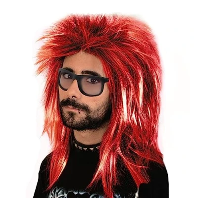 Abbildung von MIVAIUN Perücke Männer Rot Vokuhila 70er 80er Mottoparty Rockstar Bad Taste Party Proll Halloween Kostüm Beweig Perücken Cosplay Schwarz Disco Hippie(Rot)