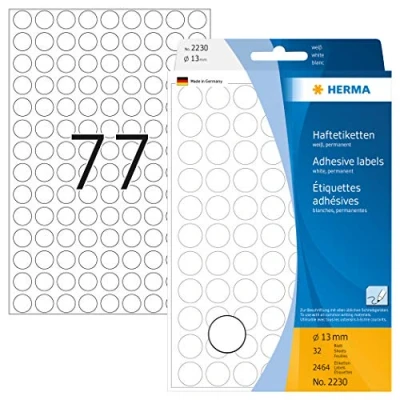 Abbildung von HERMA 2230 Punktaufkleber Klebepunkte weiß, 2464 Stück, Ø 13 mm, 77 pro Bogen, selbstklebend, Markierungspunkte für Kalender Planer Basteln, matt, blanko Papier Farbpunkte Aufkleber