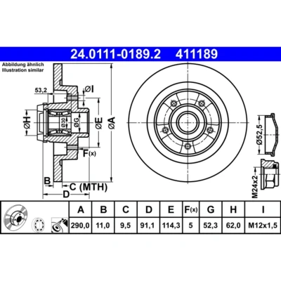 Abbildung von ATE 24.0111 0189.2 Bremsscheibe 290,0 11,0 5 114,3 voll beschichtet mit Radlager, ABS Sensorring RENAULT: Megane 4 Grandtour, Talisman Grandtour