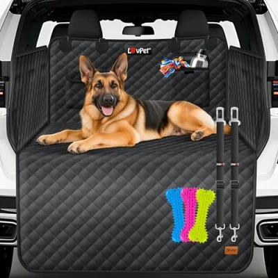 Abbildung von Lovpet Kofferraumschutz mit Seiten und Ladekantenschutz Hundedecke für Auto Rückbank Sichtfenster &amp; Zubehör Hunde Autodecke Premium Wasserdicht Kratzfest Universal einsetzbar Schwarz