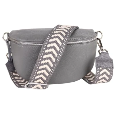 Abbildung von MIRROSI® Bauchtasche Damen, Echtleder, Made in Italy, Umhängetasche, Brusttasche, Crossbody Bag (1 Tasche &amp; 2 Gurte) (Dunkelgrau (Spitzen Dunkelgrau), Große (28x18x9cm))