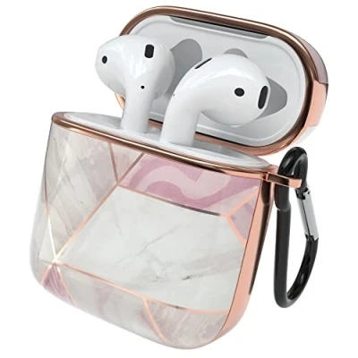 Abbildung von EAZY Case Schutzhülle für AirPods 1 &amp; 2 Hülle Pink Hard Stoßfest mit Karabiner geeignet als Schlüsselanhänger Antikratz Etui rutschfest Hardcase Airpod 2. / 1. Generation Rosé Marmor Design