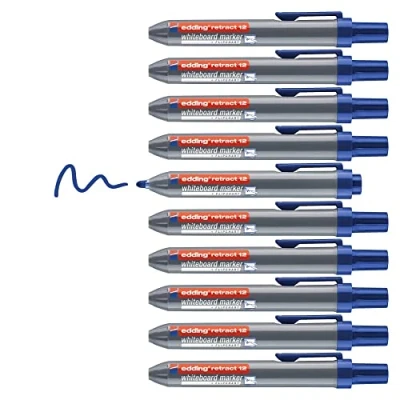 Abbildung von edding 12 Retract Whiteboardmarker blau 10 Whiteboard Stifte Rundspitze 1,5 3 mm kappenloses Design für die einhändige Bedienung auf Whiteboard, Flipchart, Magnettafel, Pinnwand, Memoboard