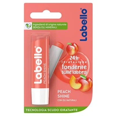 Abbildung von Labello Peach Shine Lippenbalsam 4,8 g, bunter mit Pfirsicharoma, feuchtigkeitsspendender Lip Balm 24H Sheabutter und natürlichen Inhaltsstoffen, Farbpigmenten