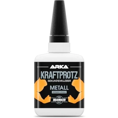 Abbildung von 50 g Sekundenkleber für Metall &amp; Aluminium extra stark dünnflüssiger Metallkleber wasserfest, hitzebeständig Verschluss gegen Austrocknung zum Verkleben von Metallen aller Art ARKA Kraftprotz