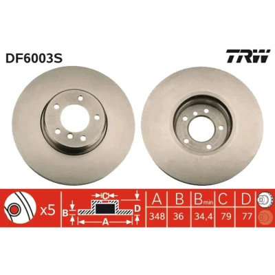 Abbildung von TRW DF6003S Bremsscheibe 348 36 5 120 Belüftet, Verbundbremsscheibe hochgekohlt BMW: Limousine, Touring, 6 Coupe