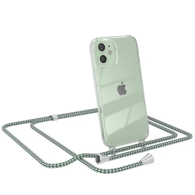 Abbildung von EAZY CASE Kette Schutzhülle kompatibel mit iPhone 12 Mini, Stoßfest Fallschutz Bumper Schutzhülle, Handy Straps, Silikonhülle, Handykette abnehmbar, Hell Grün Camouflage Clips Silber