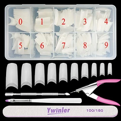 Abbildung von Nagelspitzen, Beainfir 500 Stück Natürliche Farbe Artificial Fake Art Nagelspitzen 10 Größen DIY Acryl gefälschter Nagel mit Box, Nagelbürste, Nagelhautschieben und Nagelfeile
