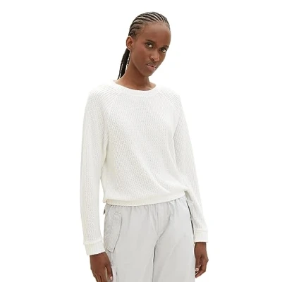 Abbildung von TOM Tailor Denim COZY Waffle Strickpullover, Damen, Größe: Large, Gardenia white