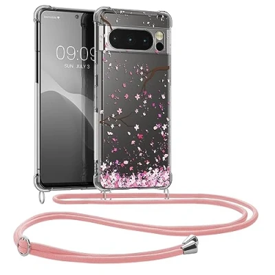 Abbildung von kwmobile Necklace Case kompatibel mit Google Pixel 8 Pro Hülle Silikon Cover Handykette Rosa Dunkelbraun Transparent Kirschblütenblätter