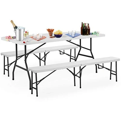 Abbildung von Casaria Bierzeltgarnitur, (3 tlg), 180 cm Klappbar Kunststoff 2x Bierbank 1x Breiter Tisch Holz