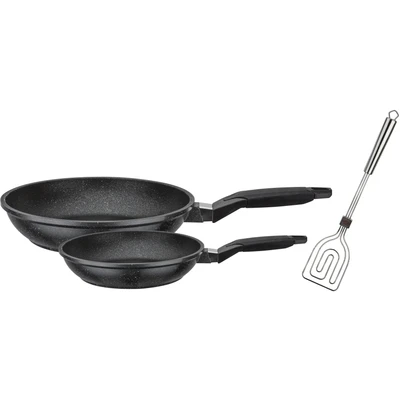 Abbildung von GSW Pfannen Set &quot;Titanium Granit&quot;, Aluminiumguss, (Set, 3 tlg., je 1 Pfanne Ø 20/28cm, 1x SCALA Alleswender), kratzfeste TITAN Antihaft Versiegelung, inkl. Wender, Induktion