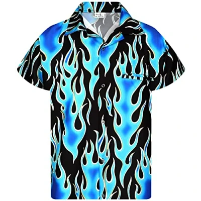 Abbildung von King Kameha Funky Hawaii Hemd, Herren, Kurzarm, Flames Wild, Blau, XXL