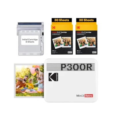Abbildung von KODAK Mini 3 Retro 4Pass Tragbarer Fotodrucker (7,6 x 7,6 cm) Paket mit 60 Blatt, weiß