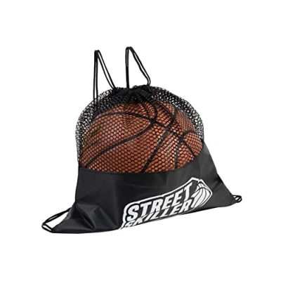 Abbildung von STREET SKILLER Basketball Balltasche aus Polyester, ohne Ball. Turnbeutel Design, mit Kordelzug als Schultergurte, für einfachen Transport. Luftdurchlässiges Netz Material. Belastbar bis 5,5 kg