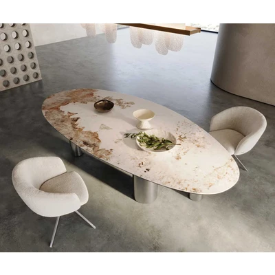 Abbildung von Esstisch Edge Oval 280x130 Keramik Minas Melange Weiß Beige Pilier Edelstahl