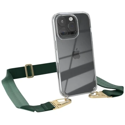 Abbildung von EAZY CASE Hülle mit Band kompatibel iPhone 15 Pro Handyhülle Umhängeband für Silikonhülle Transparent Schutzhülle Handykette zum Umhängen Handykordel Smartphone in Grün Gold