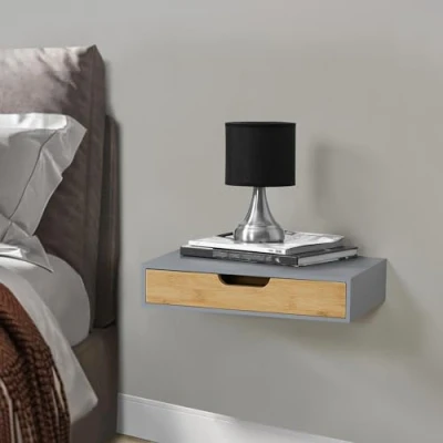 Abbildung von [en.casa] Wandregal Bokn mit Schublade Bambus Schweberegal Hängeregal Wandablage Wandboard Nachttisch Ablage Grau 40 x 24 8 cm Wandschublade