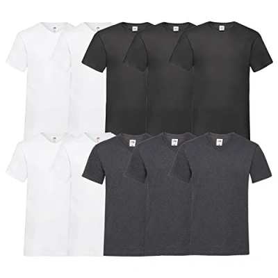 Abbildung von Fruit of the Loom 10 T Shirts V Neck M L XL XXL Ausschnitt Diverse Farben auswählbar (XL, 4Weiß/3Schwarz/3Dark H.Grey)