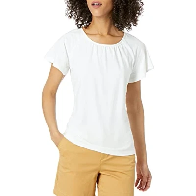 Abbildung von Amazon Essentials Damen T Shirt mit Cape Ärmeln und offenem Rundhalsausschnitt in klassischer Passform, Weiß, L