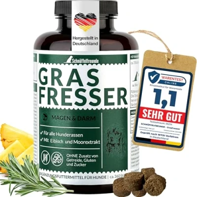 Abbildung von Schnüffelfreunde Grasfresser Drops für Hunde I bei Fressen von Gras und KOT unterstützt einen ausgeglichenen Magen Darm Trakt beim Hund mit EIbisch, Moorextrakt, Flohsamen (300g ca. 360 Stück)