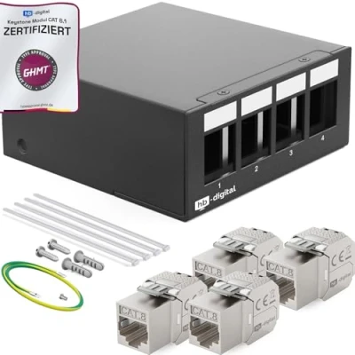 Abbildung von HB DIGITAL 4 Port Patchpanel Patchfeld Verteilerfeld 1 HE 4x CAT 8 RJ45 Keystone Jack Modul GHMT Zertifiziert vollgeschirmt STP 40 Gbps Kompatibel mit Verlegekabel Netzwerkkabel LAN Schwarz