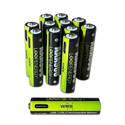 Abbildung von VERICO LoopEnergy AAA 900 Wiederaufladbare USB C Batterie 1,5V 900mWh (600mAh) Li Ion Akku, Schnellladung via Anschluss in ca. 2 Stunden, 12er Pack AAA, 3 Stück Kabel A auf 4 x