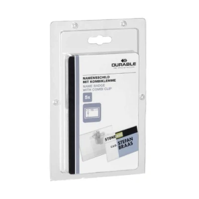 Abbildung von Durable Namensschild (40 x 75 mm, mit Kombiklemme) 5 Stück, transparent, 869419