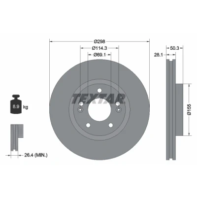 Abbildung von TEXTAR PRO 92253603 Bremsscheibe 298 28,1 05/07 114,3 innenbelüftet beschichtet ohne Radbefestigungsbolzen, Radnabe HYUNDAI: SANTA FE 2