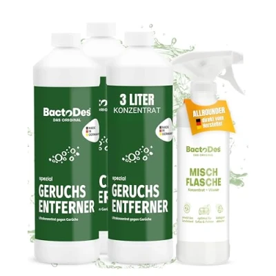 Abbildung von BactoDes Spezial Geruchsneutralisierer 3L Konzentrat mit Spray Mischflasche Universal Enzymreiniger Bio Mikroben Wirkung Effektiver Geruchsentferner für sämtliche unangenehme Gerüche