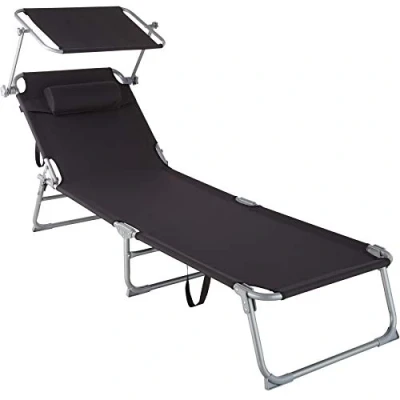 Abbildung von tectake® Sonnenliege mit Dach, Strandliege klappbar, leichte Gartenliege, Outdoor Liegestuhl Verstellbarer Rückenlehne, inkl. Kopfkissen ideal für Balkon, Terrasse, Camping, Strand schwarz