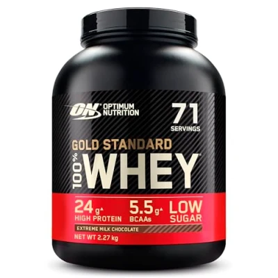 Abbildung von Optimum Nutrition ON Gold Standard Whey Protein Pulver, Eiweißpulver zum Muskelaufbau, natürlich enthaltene BCAA und Glutamin, Extreme Milk Chocolate, 71 Portionen, 2.27kg, Verpackung kann Variieren