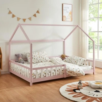 Abbildung von [en.casa] Kinderbett Hesel Hausbett Rosa 140 x 200 cm mit Rausfallschutz und Lattenrost Bodenbett Jugendbett Holzbett