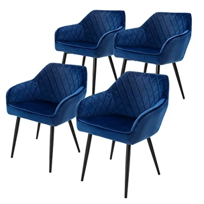 Abbildung von ML Design 4er Set Esszimmerstühle mit Armlehne und Rückenlehne, Dunkelblau, Küchenstuhl Samtbezug, Polsterstuhl Metallbeinen, Ergonomischer Stuhl für Esstisch, Esszimmerstuhl Wohnzimmerstuhl
