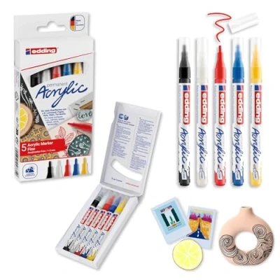 Abbildung von edding 5300 Acrylmarker Fein mehrfarbiges 5er Set feine Spitze 1 2 mm Acrylmalstifte zum Malen auf Leinwand, Kunstdruckpapier, Holz, Stein Made in Germany
