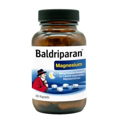 Abbildung von Baldriparan® Magnesium hochdosierter Premium Komplex mit Magnesiumbisglycinat. Vom Nr. 1 pflanzlichen Schlafexperten aus der Apotheke. Hohe Bioverfügbarkeit. Labor geprüft, hochdosiert. Vegan.