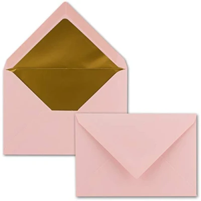 Abbildung von Kuverts in Rosa 25 Stück Brief Umschläge DIN C6 114 x 162 mm 11,4 16,2 cm Naßklebung matte Oberfläche &amp; Gold Metallic Fütterung ohne Fenster für Einladungen