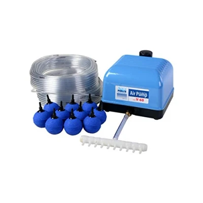 Abbildung von AquaForte Hi Flow V 60 Luftpumpenset, Komplettset mit Luftverteilern, 50 m Schlauch 4 x 6 mm und 10 Luftsteinen 5 cm, Kapazität bei 2 Meter 40 Liter pro Minute, Maximaler Teich 36 m3