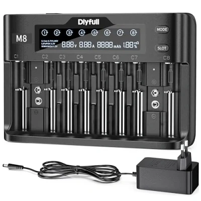 Abbildung von Dlyfull Akku Ladegerät Universal 10 Fach Batterieladegerät Schnell Akkuladegerät für Li Ion, NI MH, Cd, LiFePo4, 18650, 21700, AA, AAA, C, 9V Akkus Wiederaufladbare Batterien