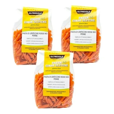 Abbildung von Oltresole, Bio Nudeln aus roten Linsen, Penne Format, Eiweißnudeln Hülsenfrüchten, 100% Mehl Vegan und Glutenfrei, 3 x 350 g Packung