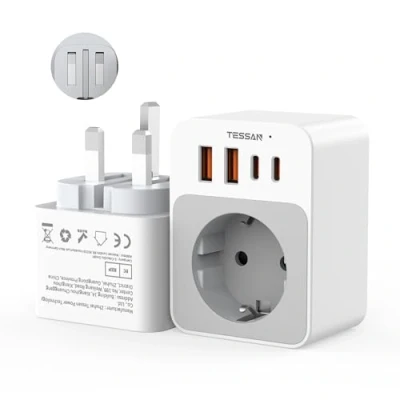 Abbildung von TESSAN Adapter England Deutschland Stecker, Faltbar 5 in 1 Reiseadapter Typ G mit 2 USB C und A, Kleines klappbares Design, 3250W Steckdosenadapter England, 20W Schnellladung, UK auf EU